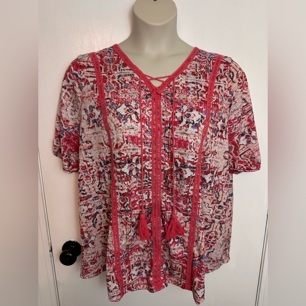 Catherine’s Pink Paisley v neck paisley shirt with tassels tie Size 18/20 #1578